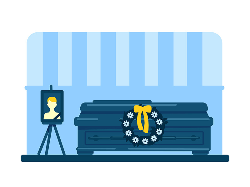 Dead young man coffin and photo flat color vector illustration