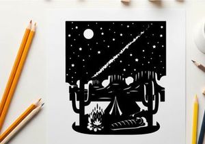 A desert camping scene with a shooting star streaking across the night sky