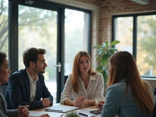 A diverse group of professionals meet around a table.