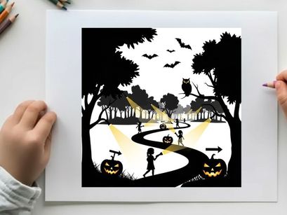 Halloween silhouette of children trick or treating in a spooky forest with jack o lanterns