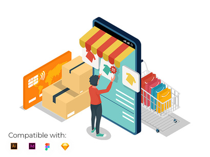 E-Commerce Landing Page Illustration with mobile phone.