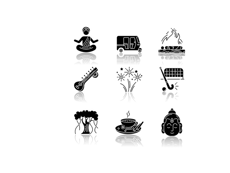 Indian customs drop shadow black glyph icons set