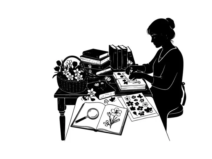 Silhouette of woman studying flowers with books and magnifying glass