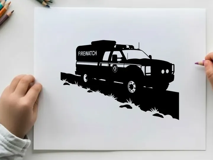 Silhouette of a firewatch truck on a rugged terrain