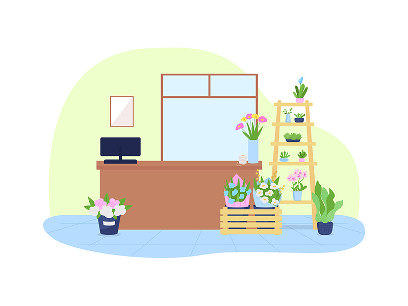 Flower shop interior 2D vector web banner, poster