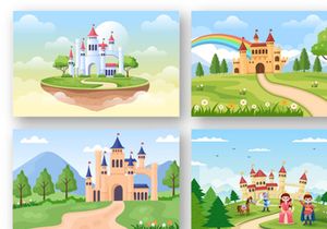 20 Castle with Prince and Queen Cartoon Illustration