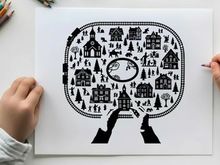 Winter village scene silhouette on a white background with hands holding edge