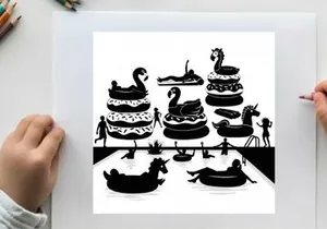 Silhouette of people on inflatable pool toys on a large table