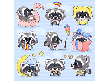 Cute raccoon kawaii cartoon vector characters set preview picture