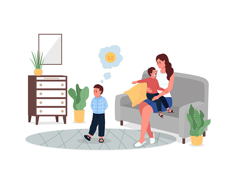 Mother with quarreling children flat color vector detailed characters