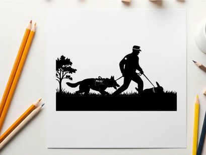 Police officer and dog in silhouette searching for evidence