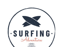 Vintage surfboard logo,surfing on summer beach.For business,badge,holiday, ,label,emblem.