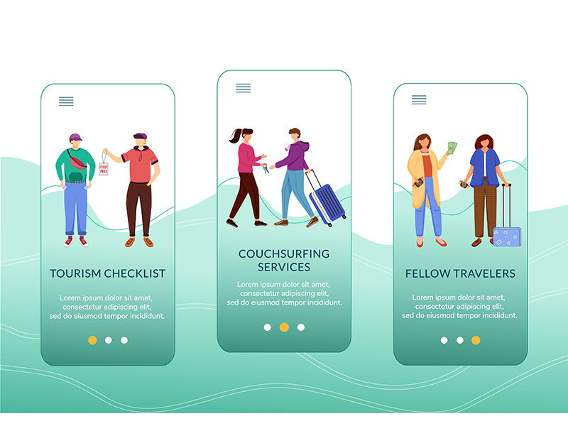 Budget tourism onboarding mobile app screen vector template