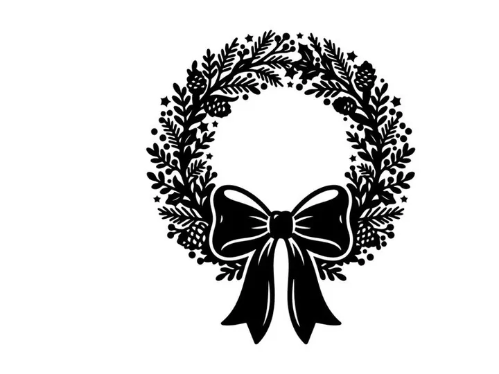 Black and white Christmas wreath illustration with pine cones and a decorative bow
