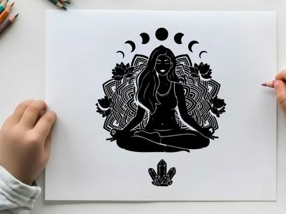 Silhouette of a woman meditating in lotus position with moon phases