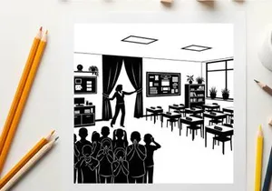 Silhouette of a teacher and students in a classroom setting with curtains