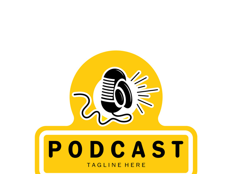 podcast logo with microphone and earphone audio, radio waves. for studio, talk show, chat, information sharing, interview, multimedia and web.