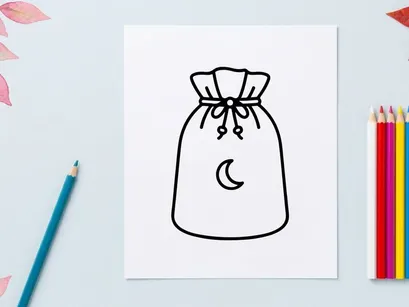 Hand-drawn crescent moon in a sack. Whimsical doodle of lunar symbol inside a tied bag illustration.