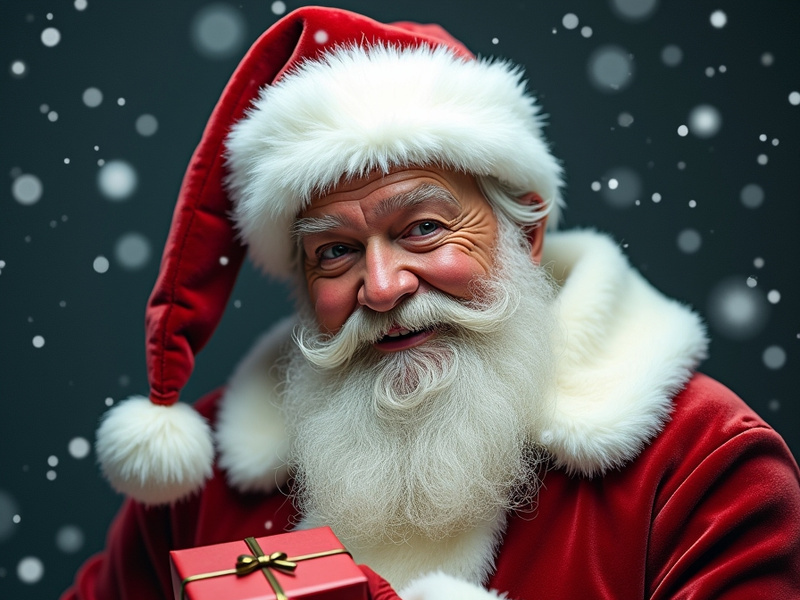 A jovial Santa holds a small red gift against a snowy, dark background.