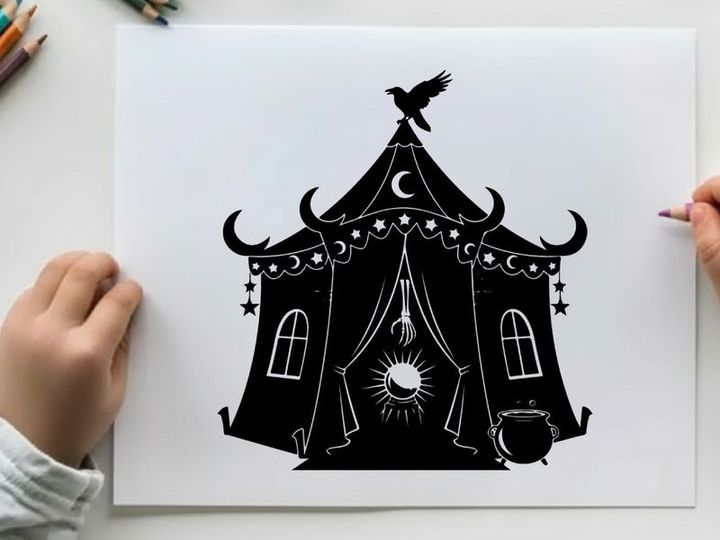 Silhouette of a mystical circus tent under moonlight and stars with a bird