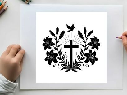 Christian cross silhouette with floral wreath and dove