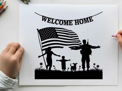 Welcome home patriotic family silhouette with american flag