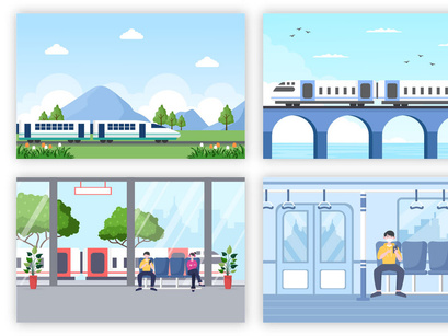 18 Train Station Flat Design Illustration