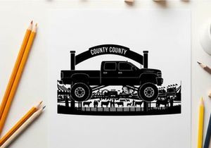 Silhouette of a pickup truck at county cattle farm gate