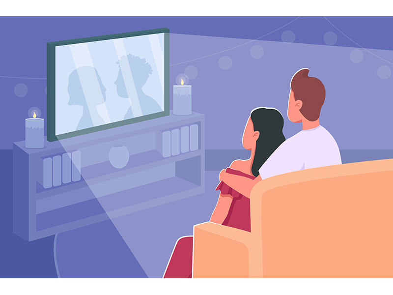 Couple watch movie flat color vector illustration