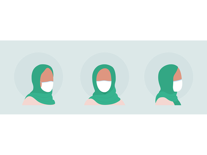 Arab women flat color vector character avatar with mask set