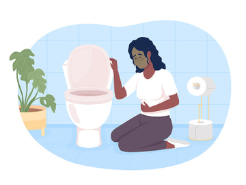 Woman suffering from nausea in bathroom 2D vector isolated illustration preview picture