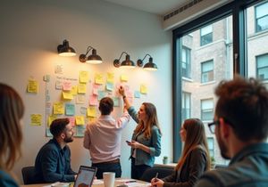 A diverse group brainstorms ideas in a modern office.