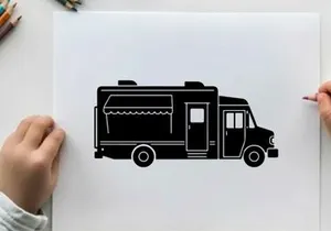 Silhouette of a food truck with awning and service door