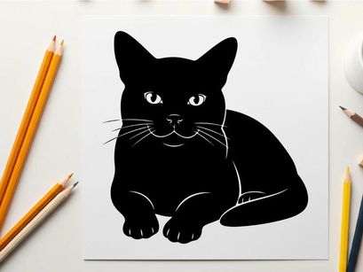 Black cat silhouette with piercing eyes and whiskers on white background
