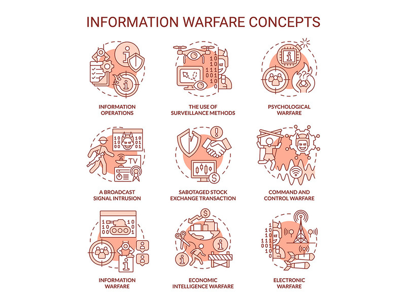 Information warfare red concept icons set