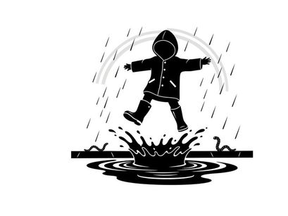 Silhouette of a child jumping in a puddle on a rainy day