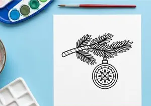 Bússola de Natal desenhada à mão com galhos de pinheiro e design de enfeite festivo