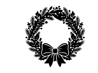Black Christmas wreath silhouette with bow isolated on white background