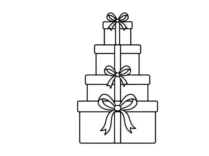 Stacked Christmas gift boxes with ribbons, holiday present icon in black and white line art.