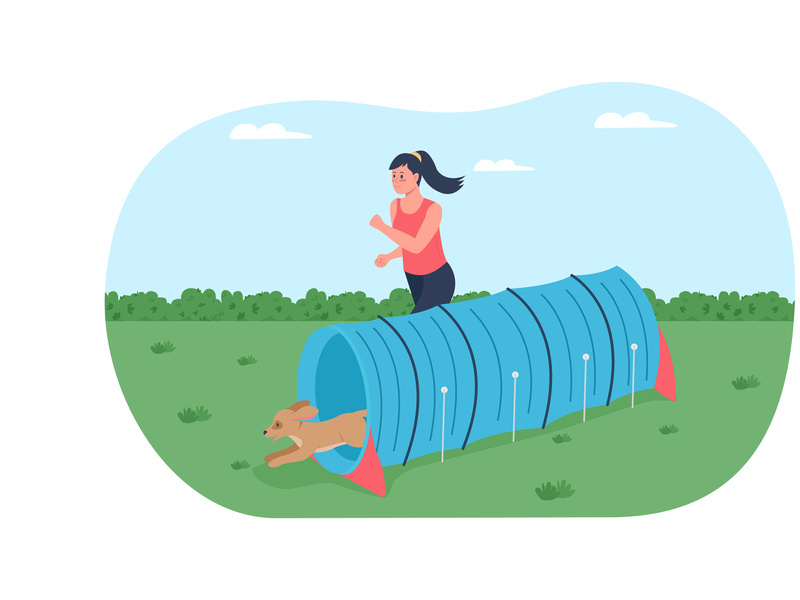 Obstacle course for training dogs 2D vector web banner, poster