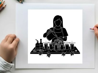 Silhouette of a woman mixing perfume in a laboratory setting with various bottles