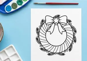 Christmas wreath line art illustration with a decorative bow and star for holiday design.