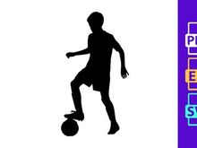 Silhouette of a soccer player skillfully dribbling three balls