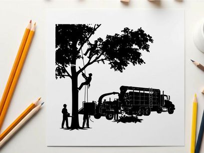 Silhouette of tree removal service workers with truck and equipment