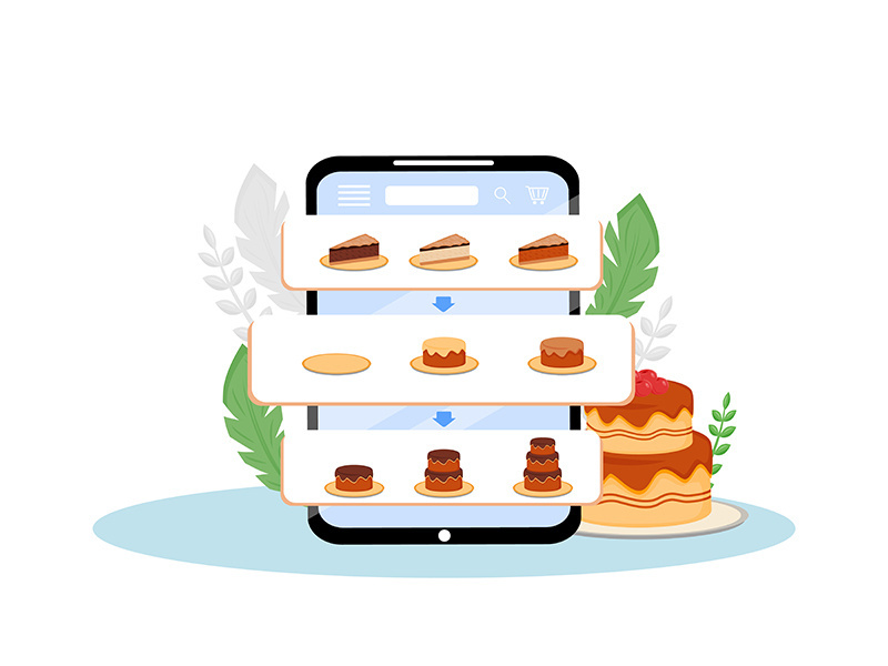 Online cakes order mobile application flat concept vector illustration