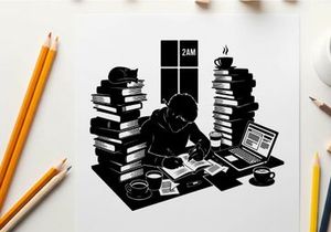 Silhouette of a person surrounded by books and technology in a cluttered workspace silhouette