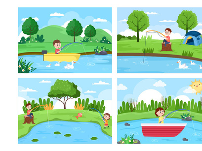 20 Children Fishing Fish Vector Illustration