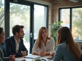 A diverse group of professionals meet around a table. preview picture