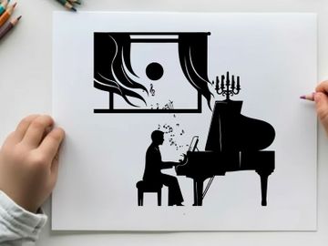 Silhouette of a man playing piano by window at night preview picture