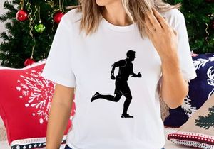 A silhouette of a man running in athletic wear on a white background
